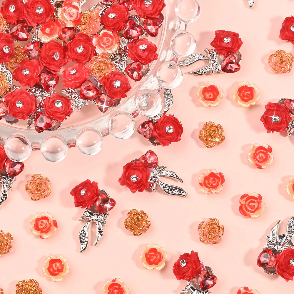 12Grid/box Red Resin Camellia Nail Charms Bow Rose Alloy Nail Art Decoration Shining Big Diamond Gold Powder Flower Nail Jewelry