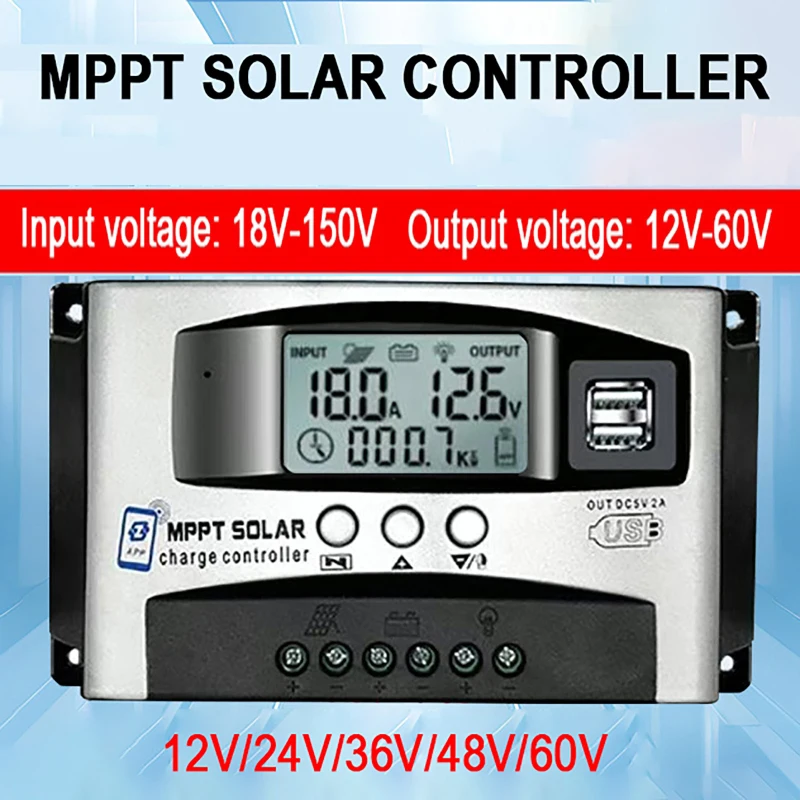 12V-60V Step-down MPPT Solar Controller 30A 40A 50A 60A Dual USB bluetooth APP 18V-150V Wide Voltage Controller LCD Display