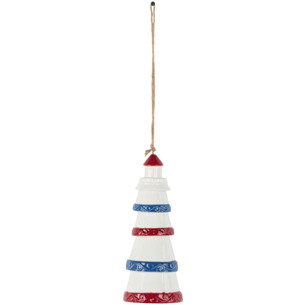 

Nautical Ceramic Lighthouse Wind Chime Indoor Outdoor Decor with Brown Rope Blue Red Accents Perfect Patios Gardens