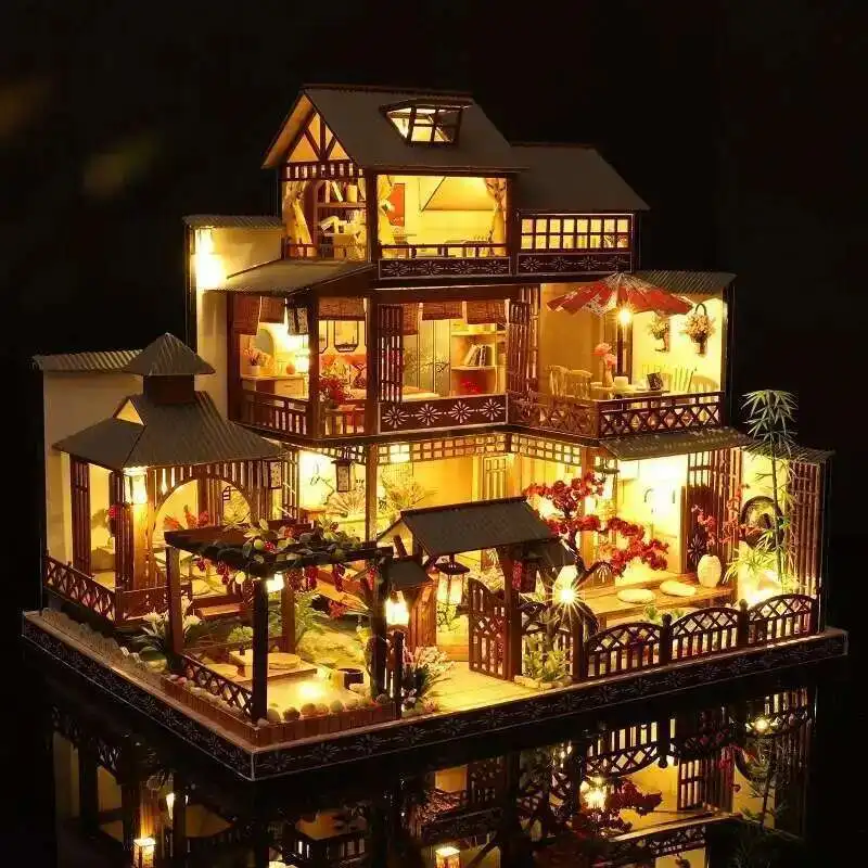 

DIY Wooden Miniature Model Kit Japanese Big Casa Bookend Assembled Dollhouses With Furniture Villa Home Decoration Friends Gifts