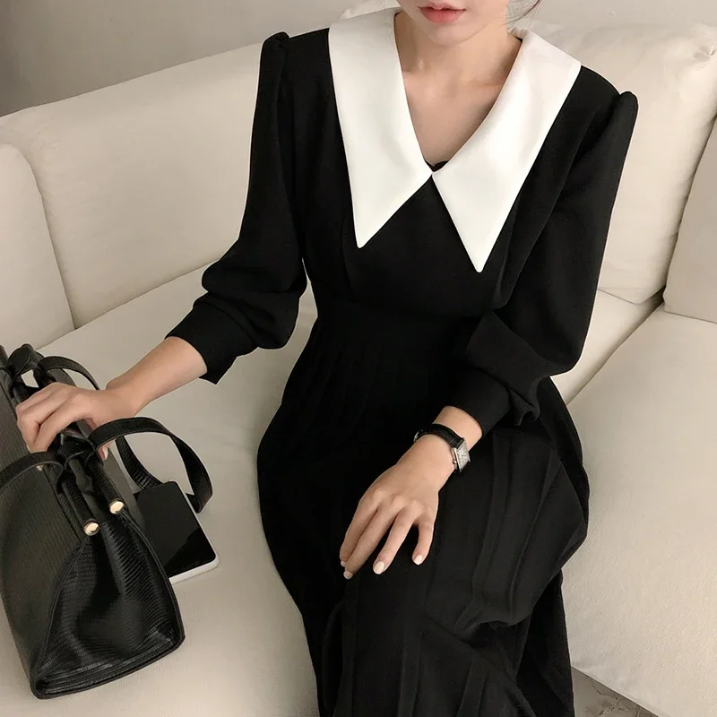 Korean Chic Autumn Slim Patchwork Contrast Lapel Long Sleeve Pleated Dress Women Black Retro Elegant Sexy Vestido Feminino