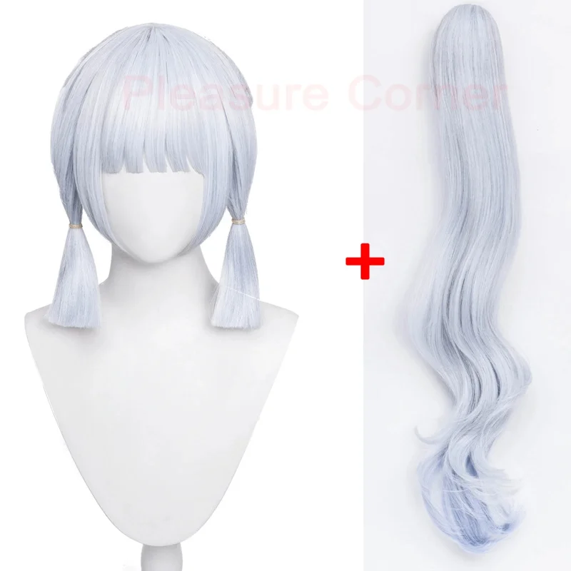 111 www Genshin Impact Ayaka شعر مستعار تأثيري الفضة منتصف طول مقاومة للحرارة قبل تصميم أنيمي هالوين زي الملحقات