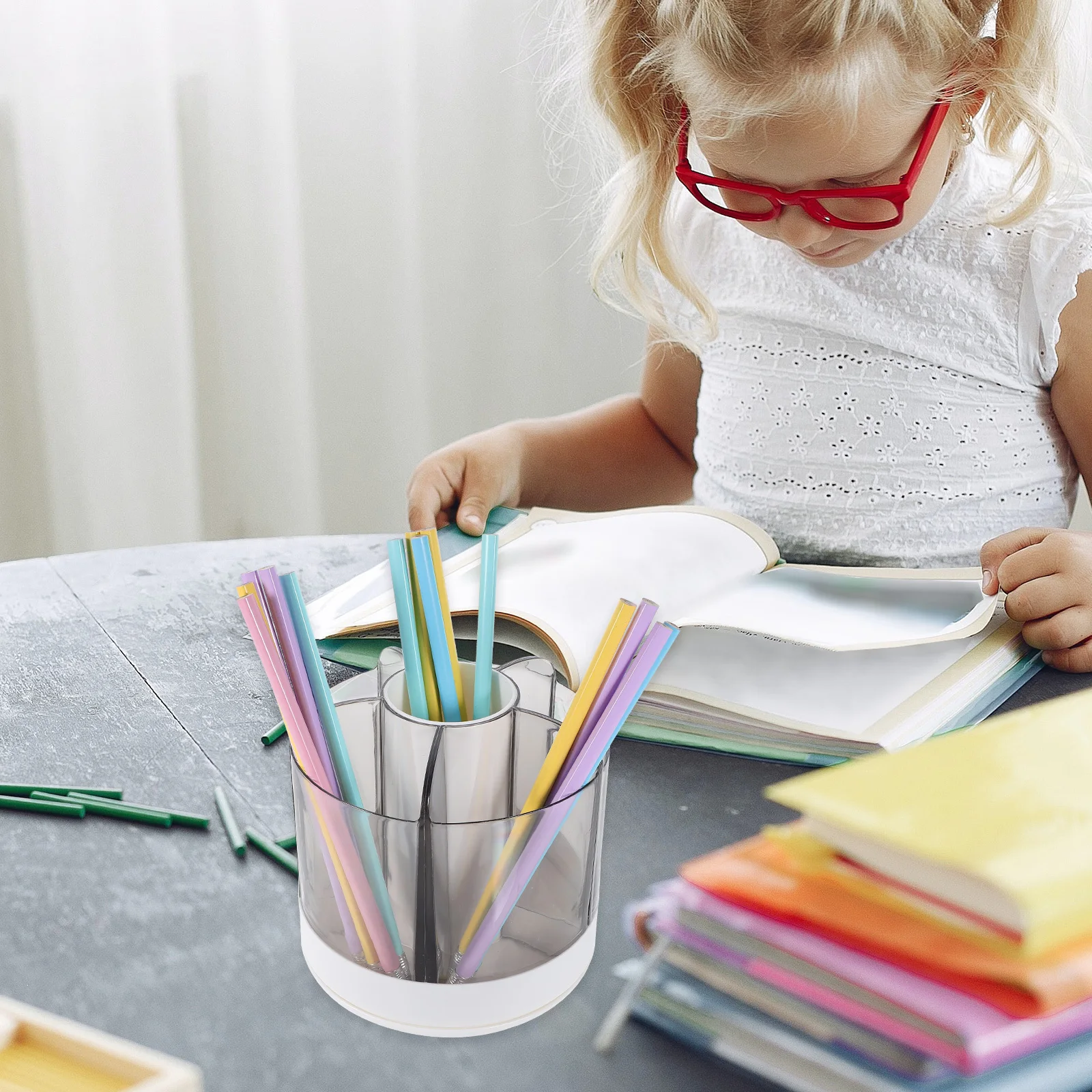 

Big Pen Holder Plastic Desk Organizer Rotating Makeup Brush Container Multi-Compartment Stationery Storage Desktop Pen Holder