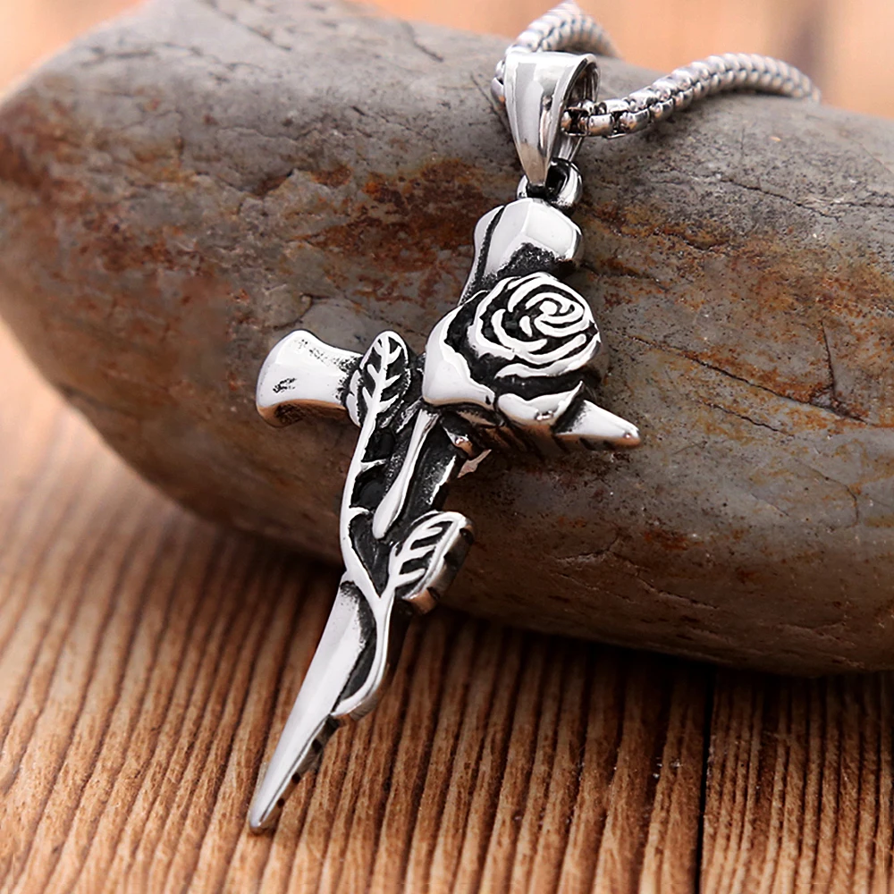 Punk Vintage Rose Cross Pendant Necklace for Man Woman 316L Stainless Steel Fashion Creative Chain Amulet Jewelry Gift Wholesale