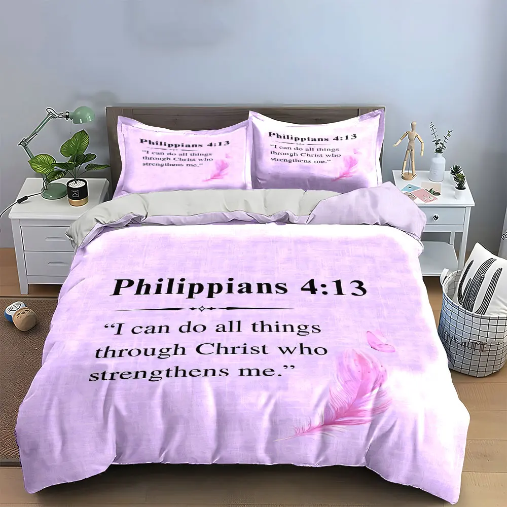 Philippians 4:13 Pink Feather Bible Verse Duvet Cover Set,Lavender Textured Faith Bedding Includes 1 Duvet Cover＆2 Pillowcase