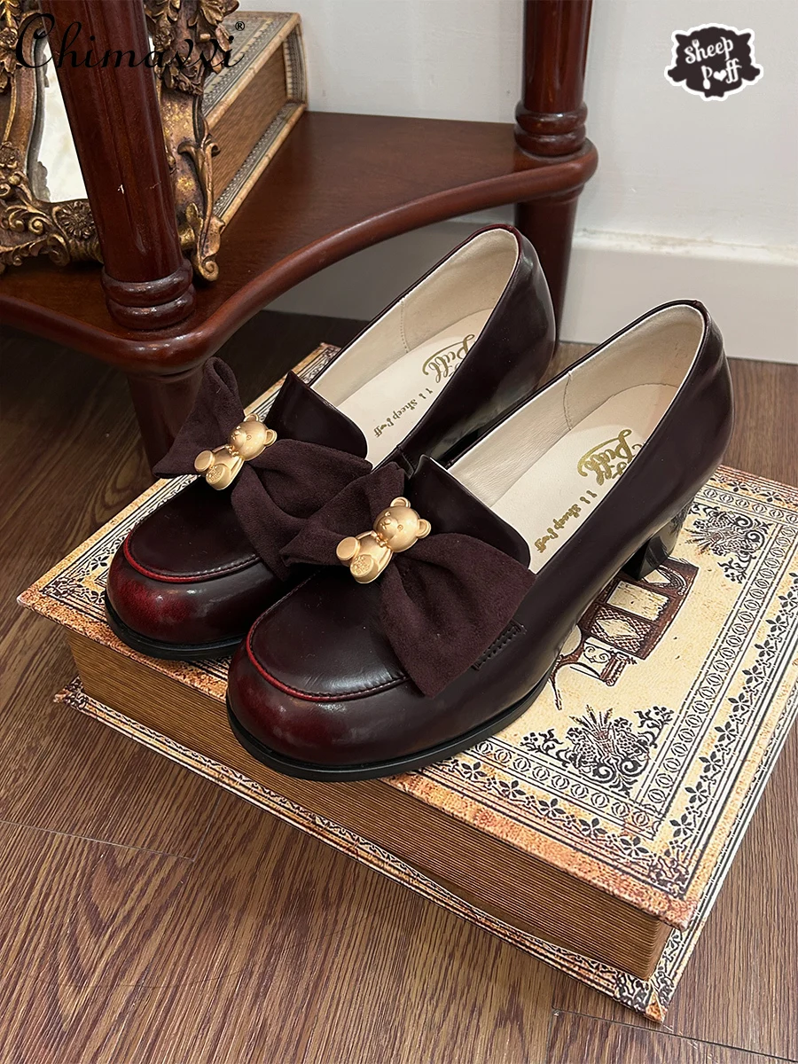 Vintage Bear Lolita Sweet Bow Daily Loafers 2025 Autumn New Japanese Jk Uniform Shoes Versatile Commuter Students Women's Shoes