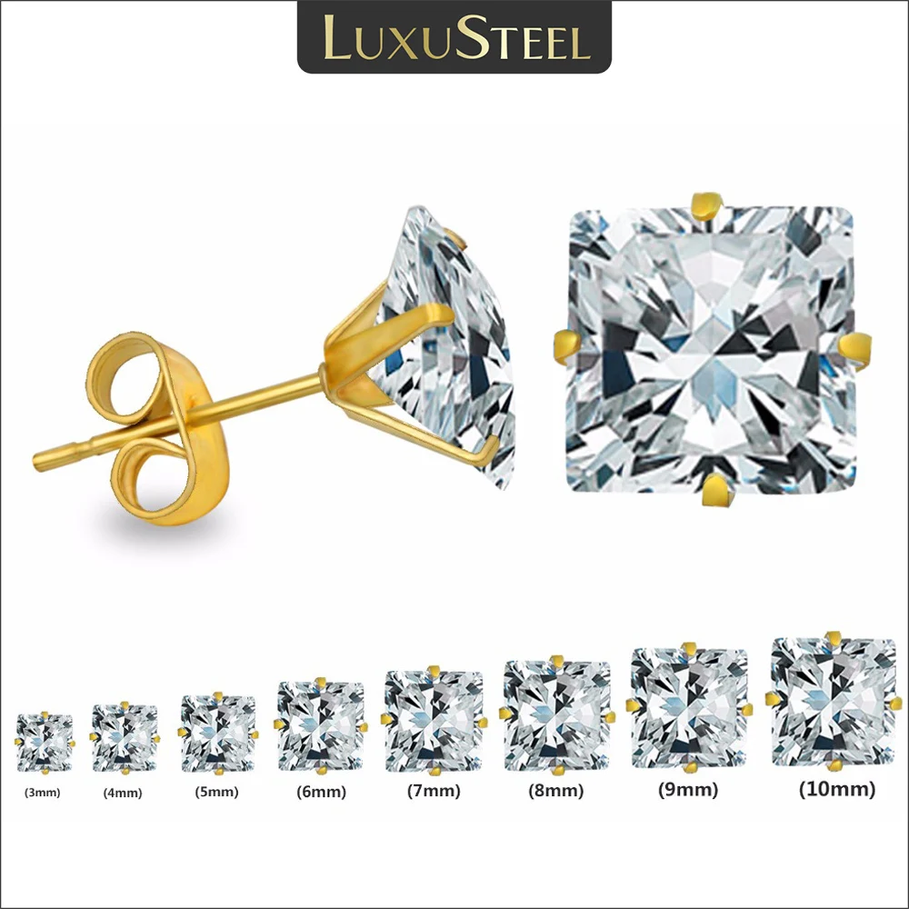 LUXUSTEEL 10Pairs 316L Stainless Steel Different Color Round/Square Shaped Brilliant Cubic Zircon Stud Earrings Sets Bijoux