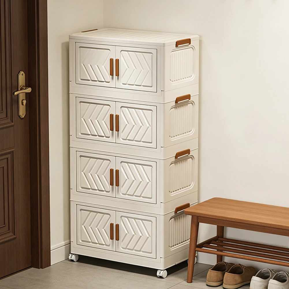 

4 Tier Collapsible Storage Bins with Doors & Wheels Storage Drawer Folding Storage Cabinet Shelf for Living Room Bedroom Office