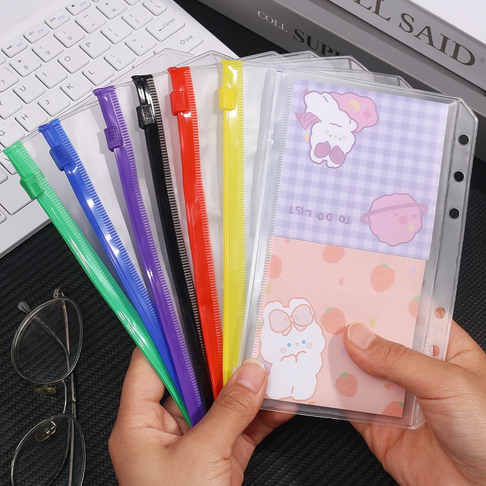 6/12pcs A6 Size 6 Holes Binder Pockets Transparent Zipper Folders Loose Leaf Bags Waterproof PVC Document Pouch Pocket Folders