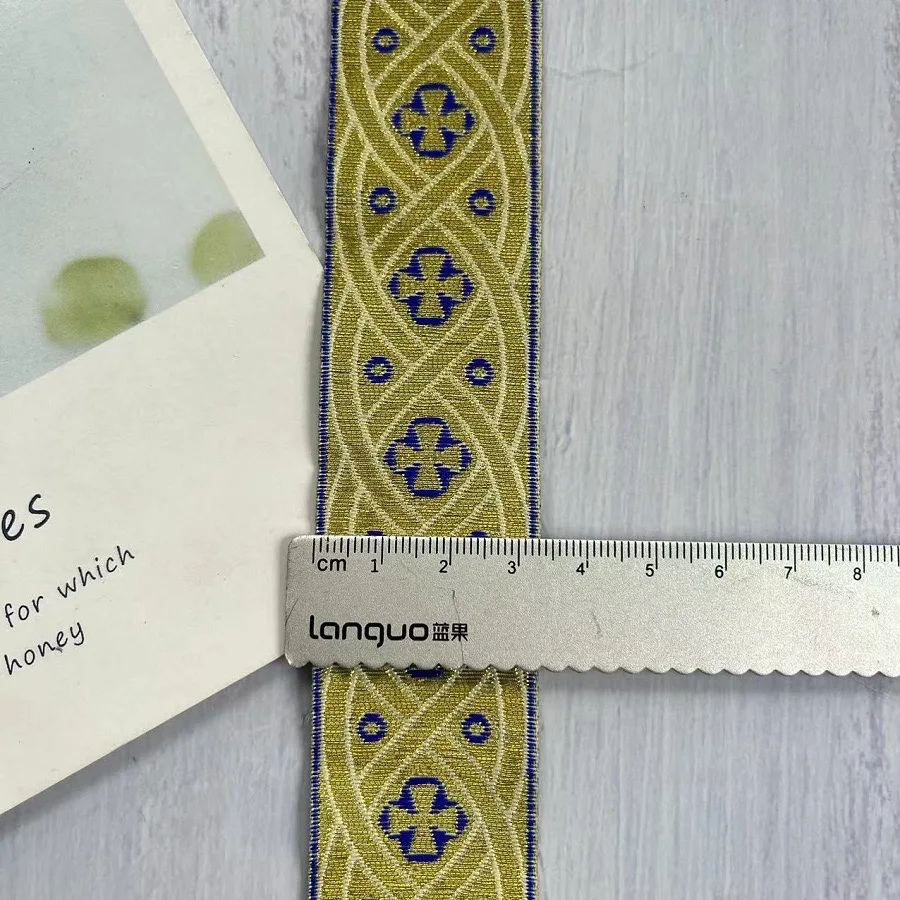 Gold silk Embroidery Cross Pattern Ribbon Lace Jacquard Woven Webbing DIY Clothing Shoes Edge Sewing Accessories 3.3cm 7Meter