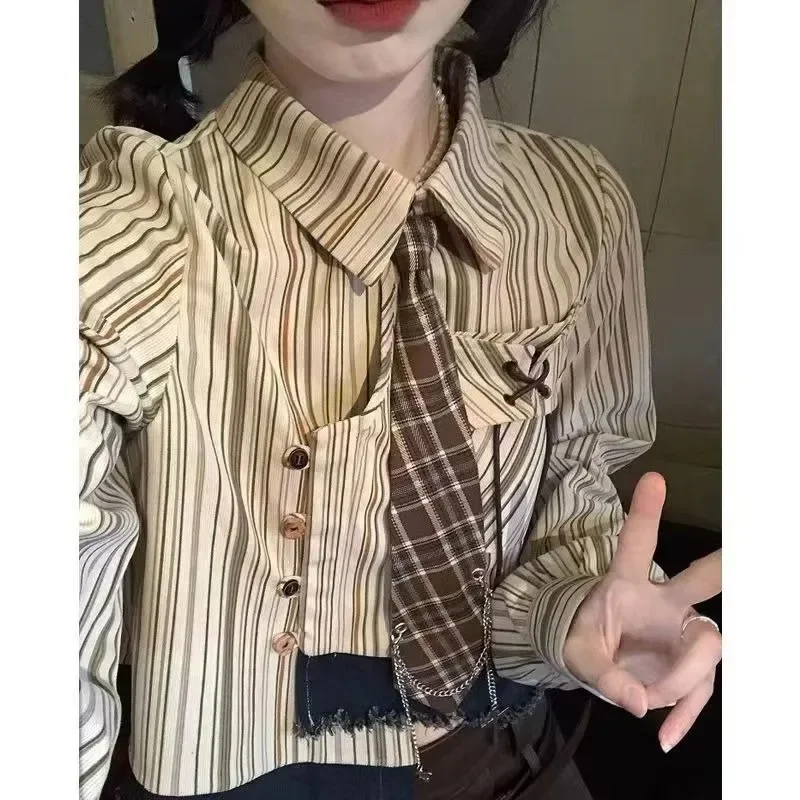 QWEconvex-Chemises courtes rayées vintage avec cravates, chemisier irrégulier à manches longues, vêtements patchwork pour jeunes, style japonais