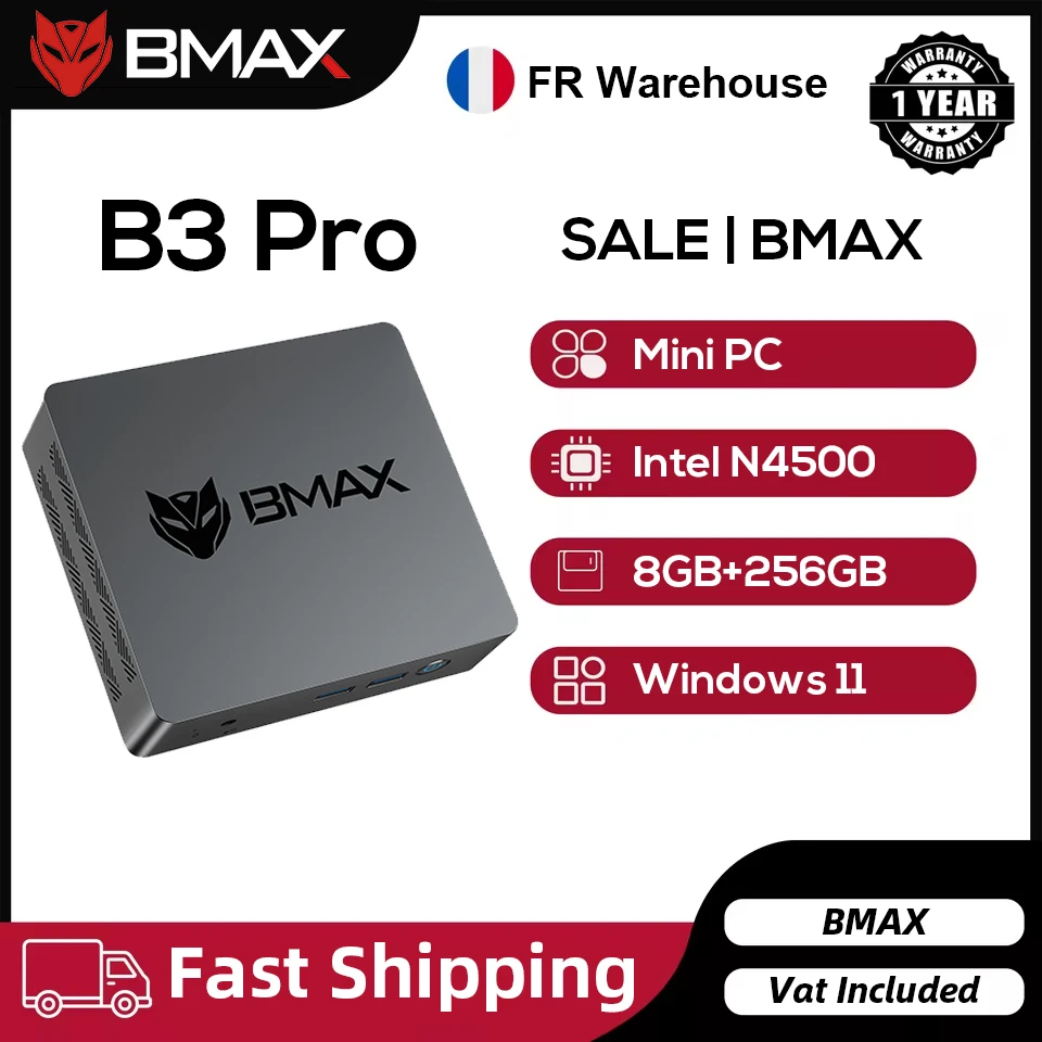 Bmax B3 Pro Windows 11 pc, Intel N4500, 8 GB RAM, 256 GB SSD, HDMI, USB, dual-band wifi, ondersteunt 4K bij 60 Hz, Intel HD Graphics, mini-pc.
