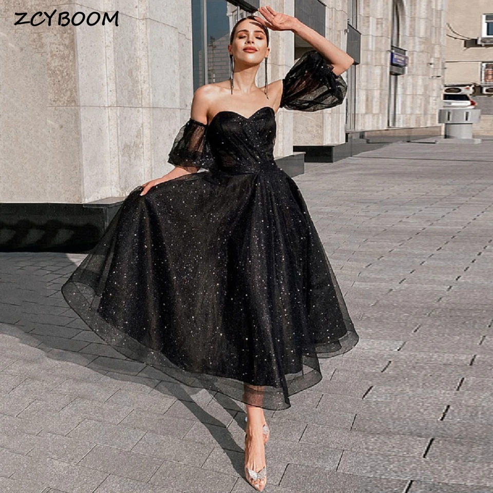 

Charming Black Sweetheart Strapless Open Back Sequin Prom Dresses 2023 A-Line Tea Length Organza Zipper Custom Made Formal Gown