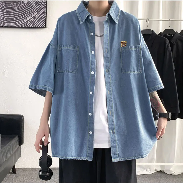 Short Sleeved Denim Shirt for Men Summer Vintage Loose Shirt Men\'s Turn Down Collar Casual Thin Soft Comfortable Mens Clothes