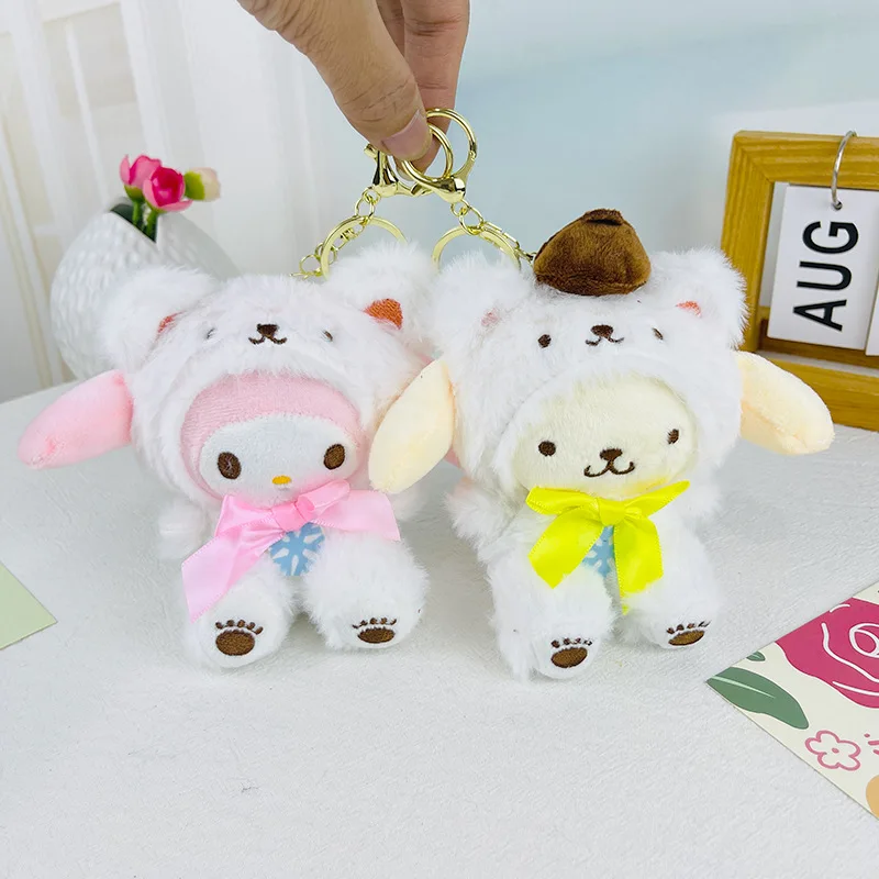 Sanrio Winter White Bear Cross-dressing Plush Doll Kuromi Melody Yugui Car Pendant Keychain Cute Doll Pendant Girls Gift