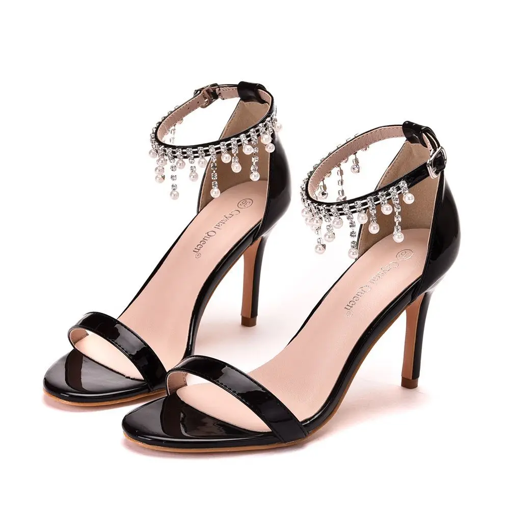

Summer new round-toed patent leather one-word pearl rhinestone sandals banquet dress large size thin high-heeled women's shoes