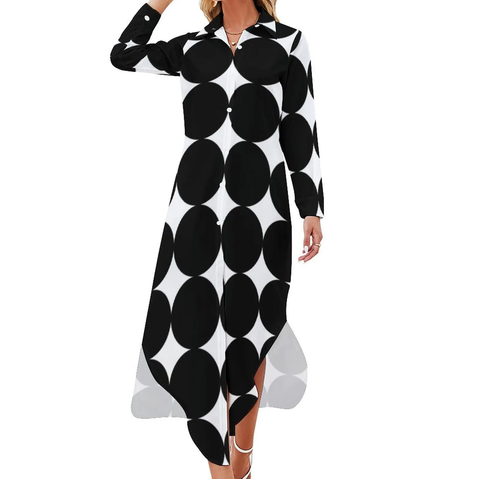 

Retro 1960's Mod Contrast Circles Long Sleeved Shirt Dress women clothing 2024 new arrivals women's dresses luxury