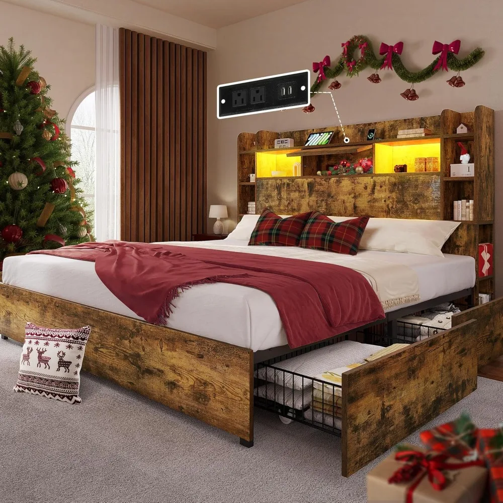 King Bed Frame with Bookcase Headboard and 4 Storage Drawers, RGB LED Bed Frame with Type-C & USB Charging Station