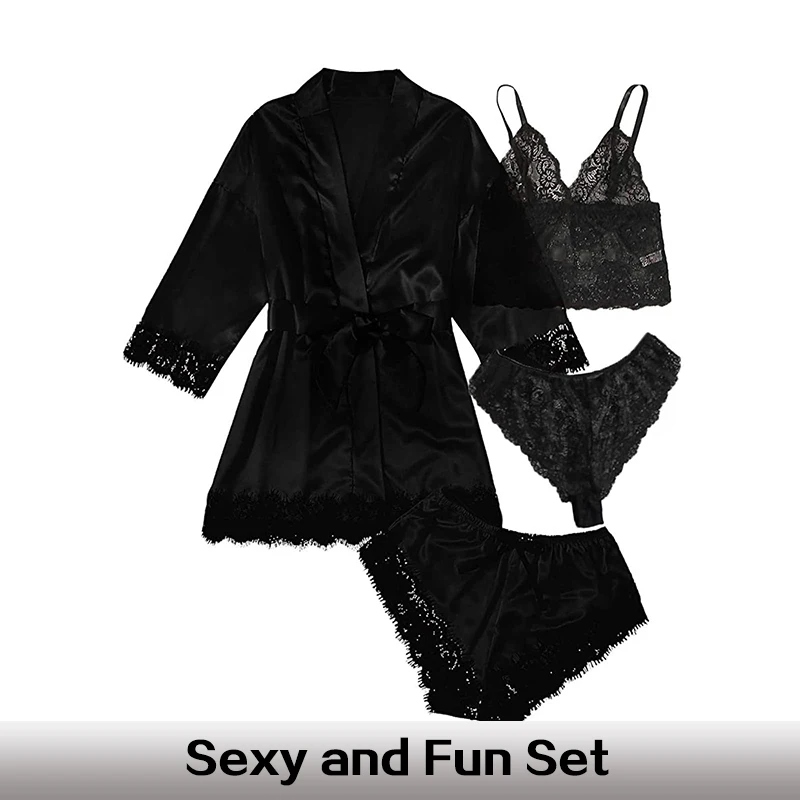 Summer 4 Piece Set of Women\'s Lace Underwear Paired with Pajama Waistband Outer Robesexy Pajama Lace Patchwork Home Pajama Set