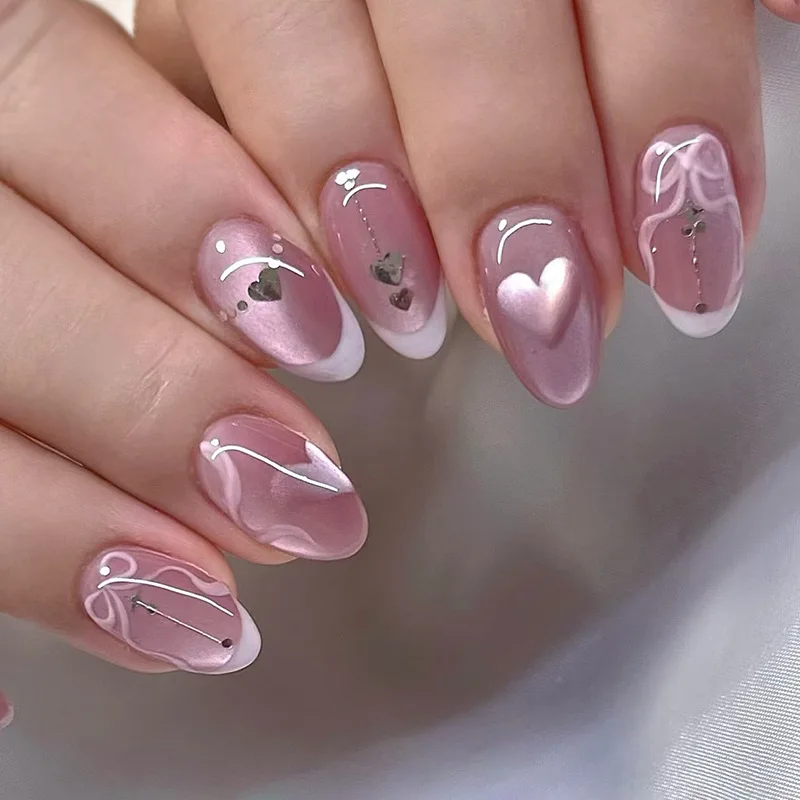 

24 Pcs False Nails Press on For Gluing Cat Eye Purple Nail Tips Heart Bow Stickers for Nails Medium Short Press on Nails 2025