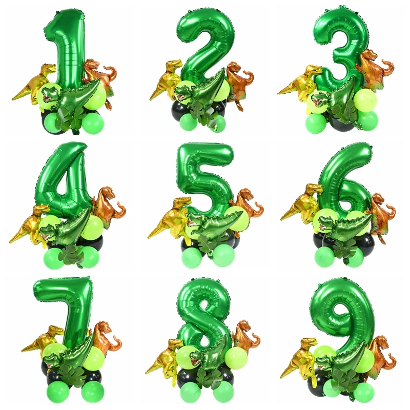 21pcs Cartoon Dinosaur Balloon Set 0-9 32inch Green Number Balloon Jungle Safari Dinosaur Theme Kids Birthday Party Decorations