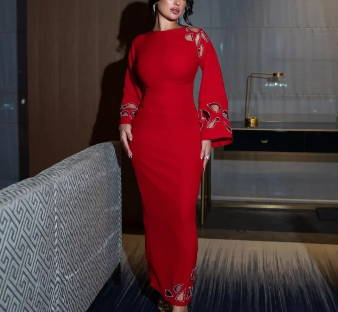 

Womens Dresses 2025 Spring New Solid Color Fashionable Rhinestone Hollow Out Long Sleeved Lace-Up Back Hip Hugging Long Dress
