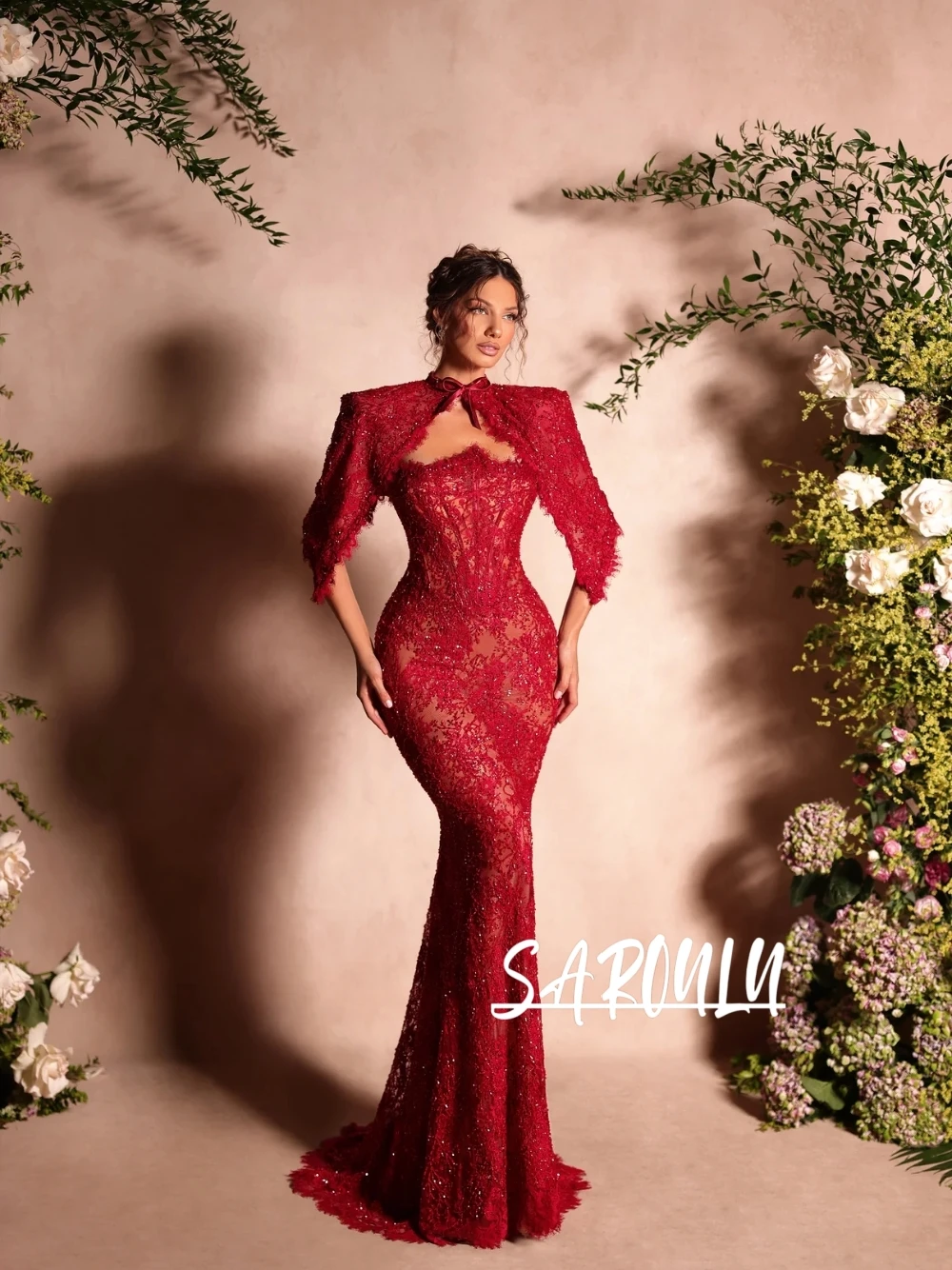 Vintage Women'S Formal Wear - Vintage Red Beaded Lace Evening Dress