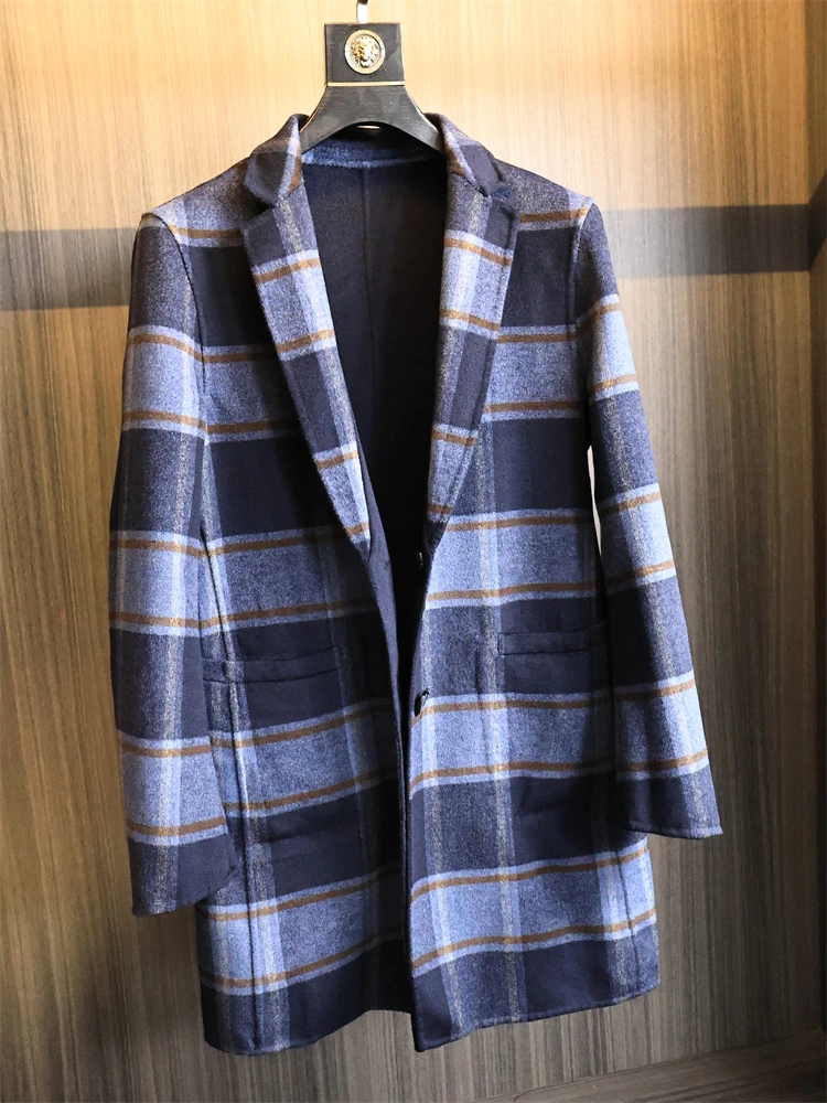 

Faionable Double-Faced Woolen Men's Coat 54% Merino Wool Mid-Length Busin Sle Flat Collar Winter Outerwear Coat