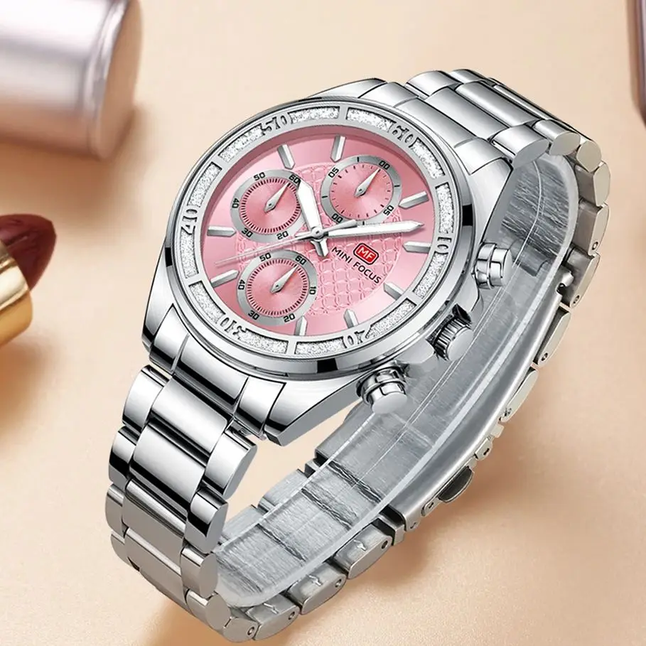 MINI FOCUS Pink Dial Watch for women with Diamonds Luxury stainless steel Bracelet Watch 0615L