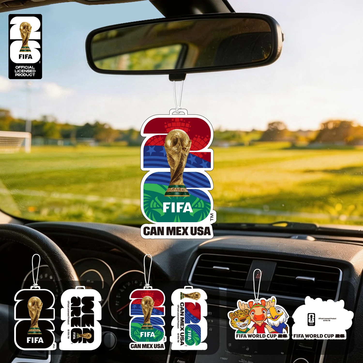 Paquete de 3 Ambientadores Oficiales para Auto del Mundial FIFA 2026 con Diseño de Trofeo, Mascota y Ciudad Anfitriona, Aroma Duradero para Auto y Hogar