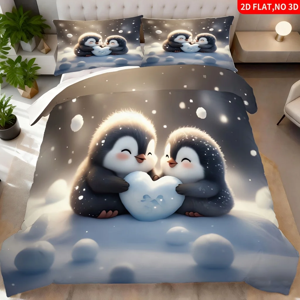 Soft Duvet Cover Set of Three, 2D Flat Printed Duvet Cover Set, Bedding Set with Double Penguin Art Pattern, 3-Piece Bedding Set, Machine Washable, Invisible Zipper, Large Duvet Cover Set, Bedding Set, Quilt Cover