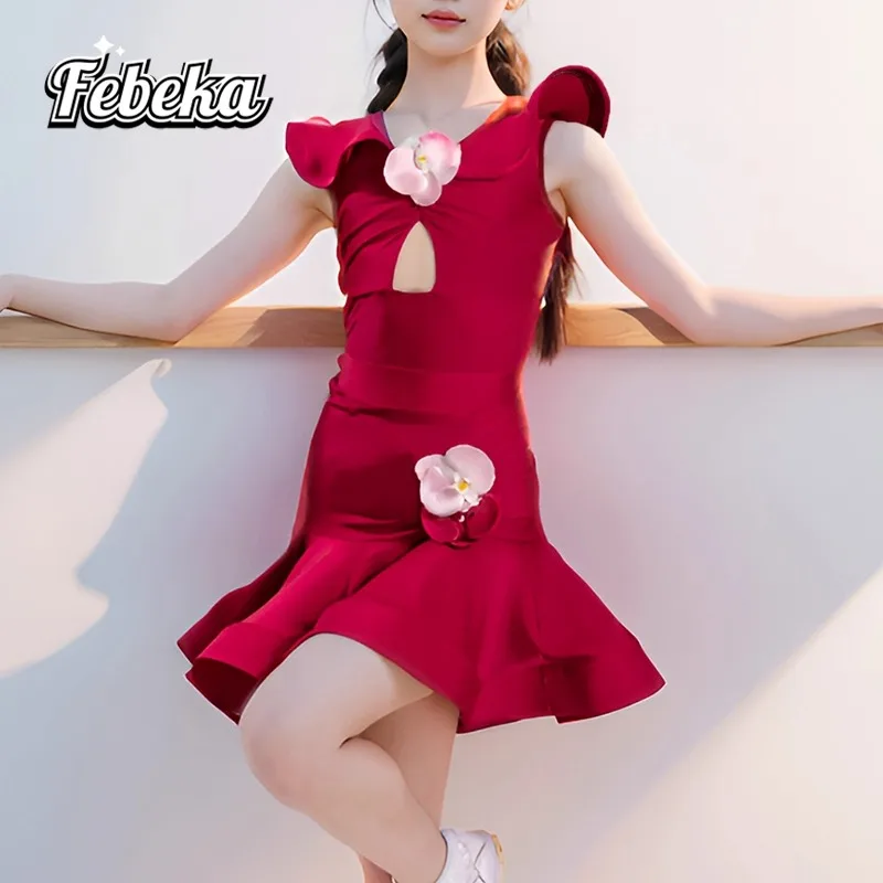 Aangepaste Latin dansjurk Oefenjurk voor kinderen Prestatie-outfit voor meisjes Lijnpak Ballroom Standaard 2 stuks