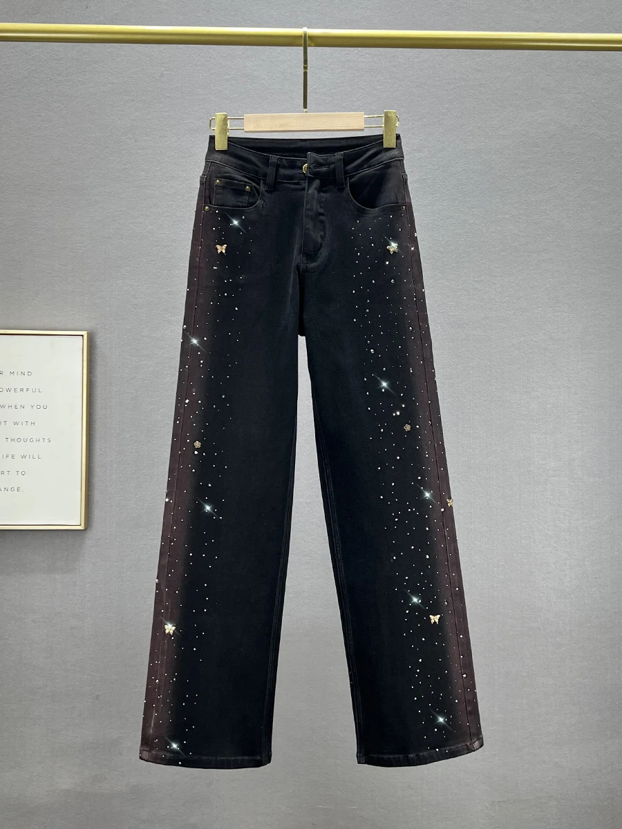 

High Waist Wide Leg Jeans Women's Autumn New Sle Loose Slim Straight Long Floor-Length Pants Glittering Diamond Treaent