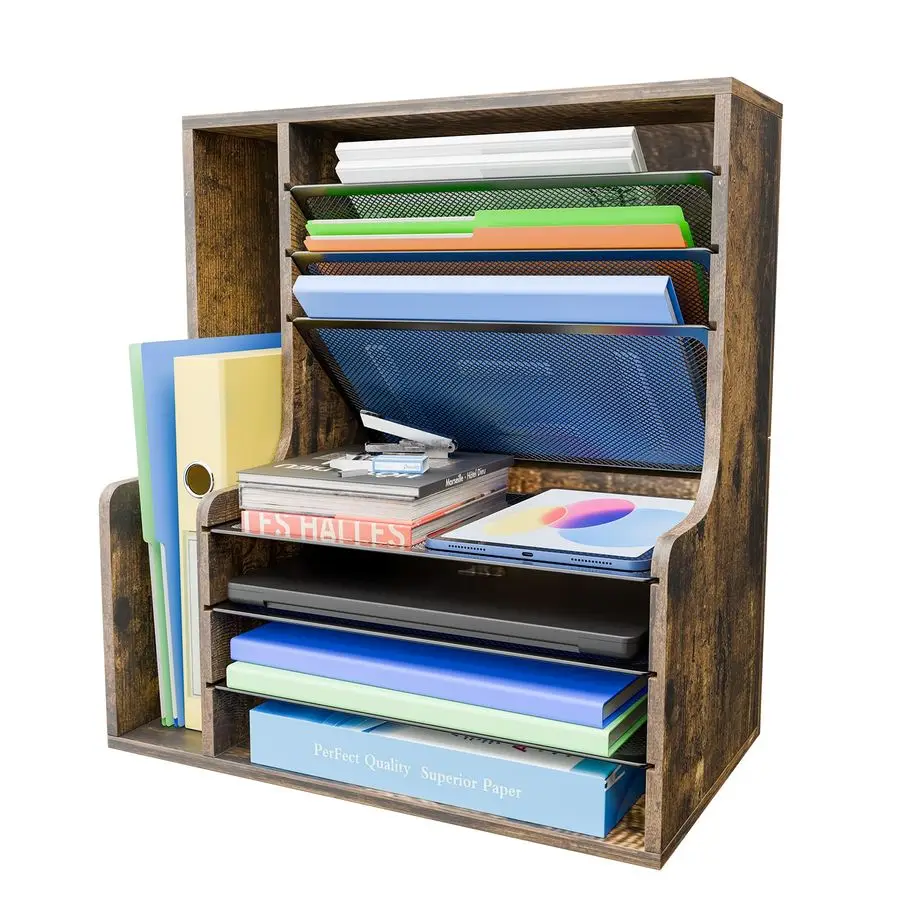 

7 Tier Desk File Organizer, Wooden Letter Tray Paper Organizer with Adjustable File Holder, Mesh Desktop Organizer and Storage f