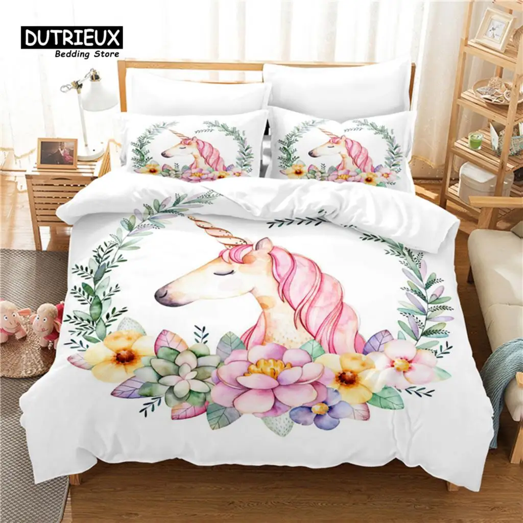 Cartoon Animals Unicorn Bedding Set, Unicorn Duvet Cover Set, Soft Comfortable Breathable Duvet Cover, For Bedroom Guest Room