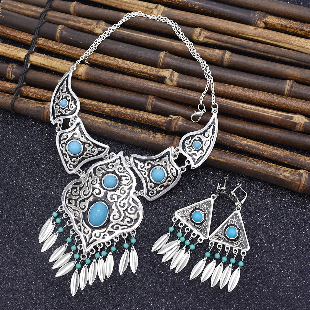 Traditional Vintage Kazakh Ethnic Necklace Earrings Blue Acrylic Stone Auspicious Cloud Pattern Jewelry Set for Festival Party