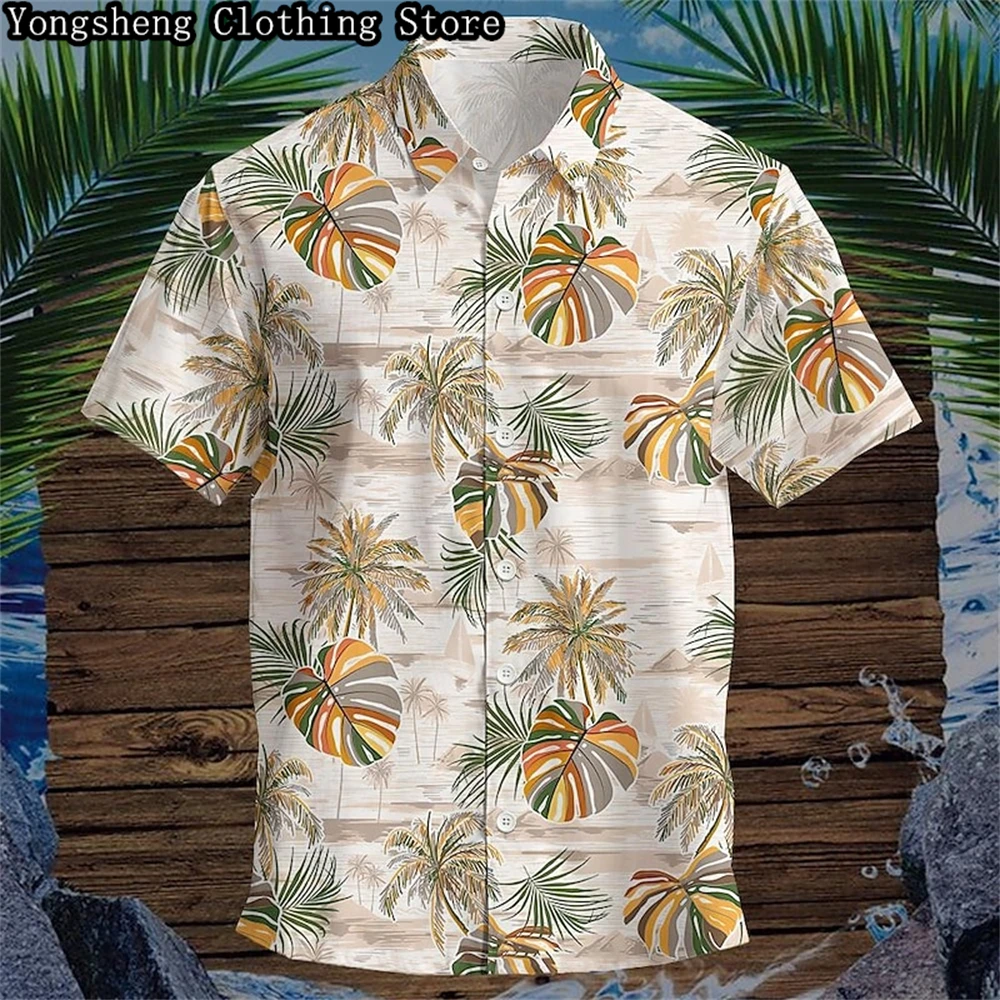 Men\'s short-sleeved striped printed ice silk casual shirt independent site hot-selling Hawaiian vacation short-sleeved clothing