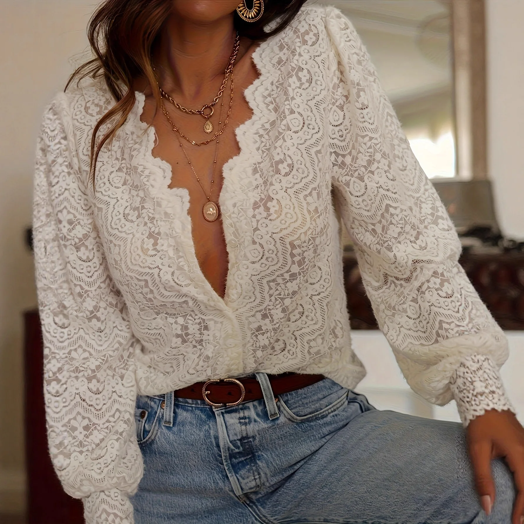 

2026 Women's T-Shirt Clothes Woman Clothing Top Women Hollow-out Design Loose Sexy Long-Sleeved Solid Color V-Neck Lace Shirt