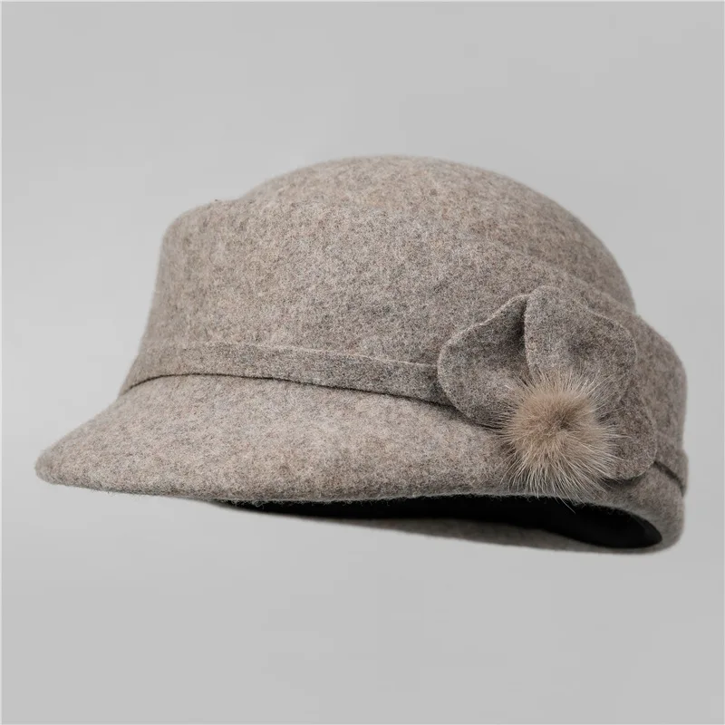 Women's Wool Peaked Cap, Clover Flower Decor, Short Brim Equestrian Hat, Face Slimming