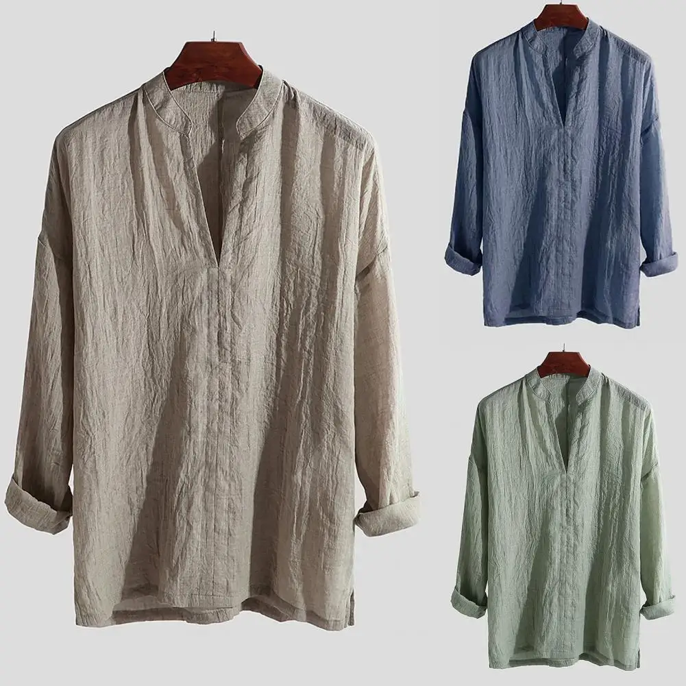 Long Sleeve Shirt  Simple Stand Collar Linen Loose T Shirts  Skin-friendly Male Shirt