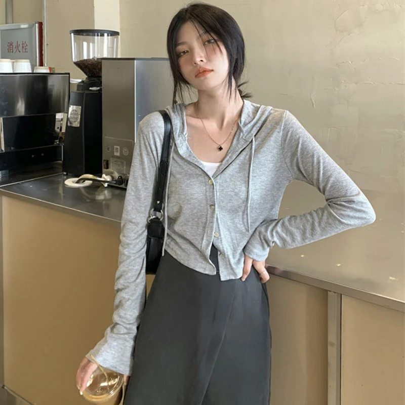 Gray Thin Hooded Knitted Cardigan Women Streetwear Single Breasted Y2K Crop Tops Woman Autumn Casual Long Sleeve Knitwear Coat