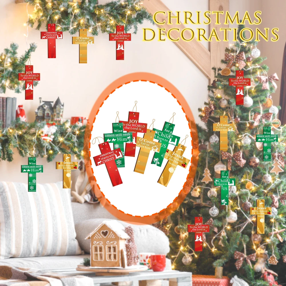 Christmas Supplies 24Pcs Wood Cross Birth Of Jesus Decoration Hanging Ornament Jesus Christmas Green Red Wooden Hanging Pendant