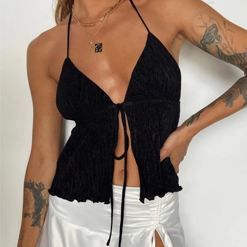 

Vest Y2K Top Clubwear New Halter Lace-up Camisole Sexy Lady Backless Tanks Summer Split Crop Top Cute Camis Girls Tank 2023 New