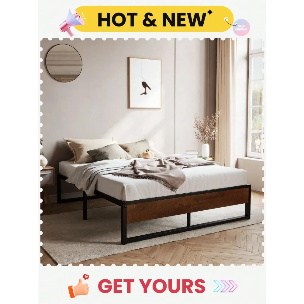 

14 Twin Full Queen King Size Metal Platform Bed Frame With Rustic Wood Reverse Holes Ample UnderBed Storage Space Mattress Foun