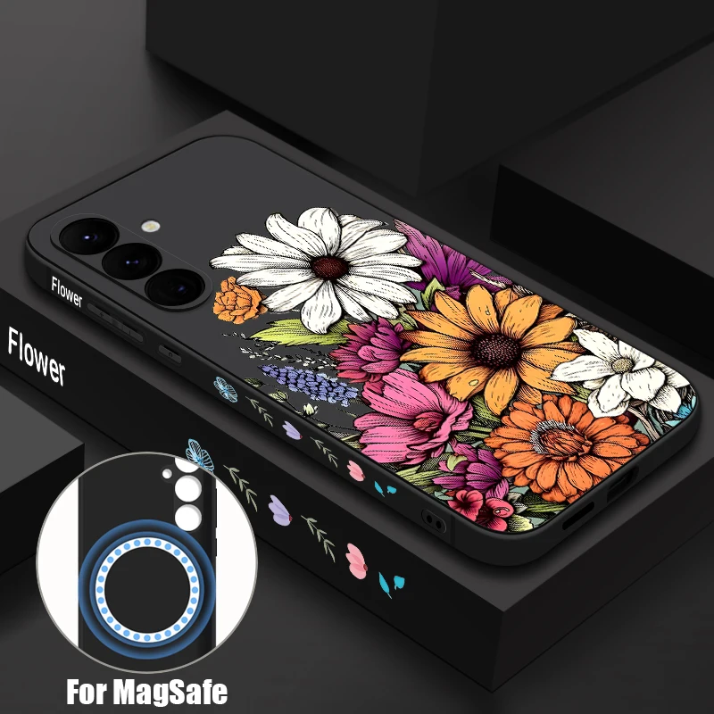 Colorful Floral Pattern Magnetic Phone Case For Samsung Galaxy S26 S25 S24 Ultra S23 S22 Plus S25 S24 FE Lanyard Soft TPU cover