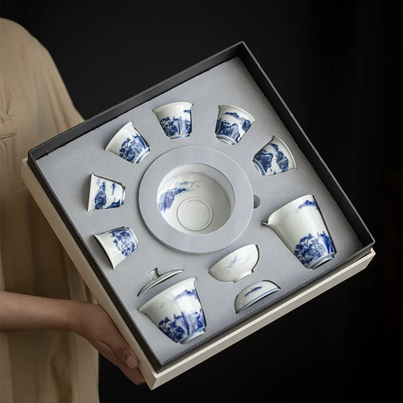 Chinese Ceramic Blue and White Ceramic Tea Set Antique Literati Space Home Kung Fu Tea Set Gift Box Luxury Designer Teaware Cups