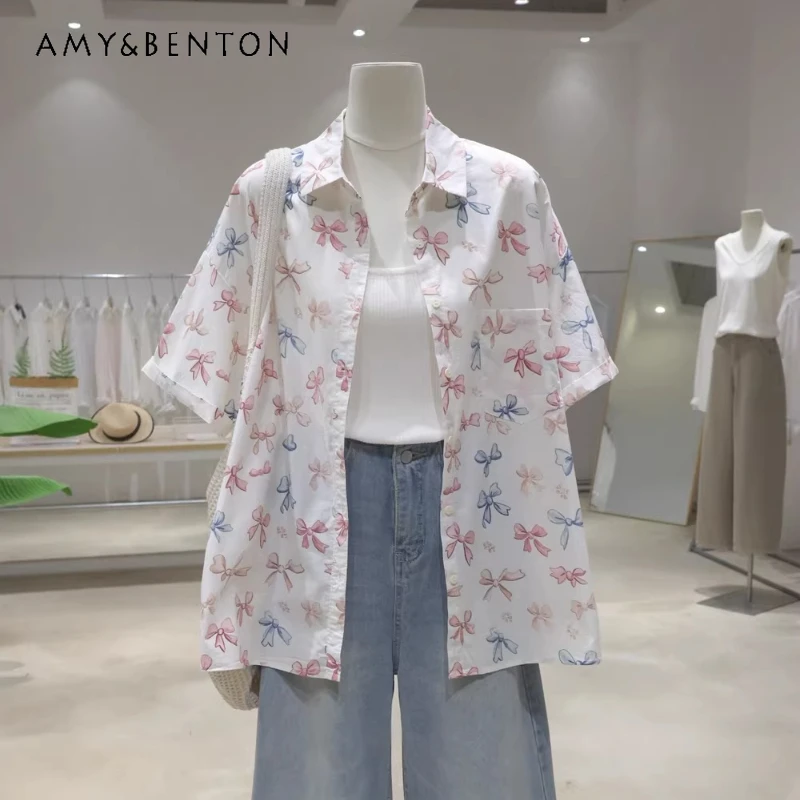 

Breathable And Fresh All-over Bow Print Blouse 2026 Spring Summer Loose Fit Mid-length Cotton Short-sleeved Casual Shirt Ladies