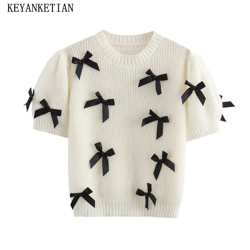 

KEYANKETIAN 2024 New Launch Sweet Kawaii Bow Decoration Short Sleeve Knitted Top Summer Women Puff Sleeve Pullover Crop Sweater