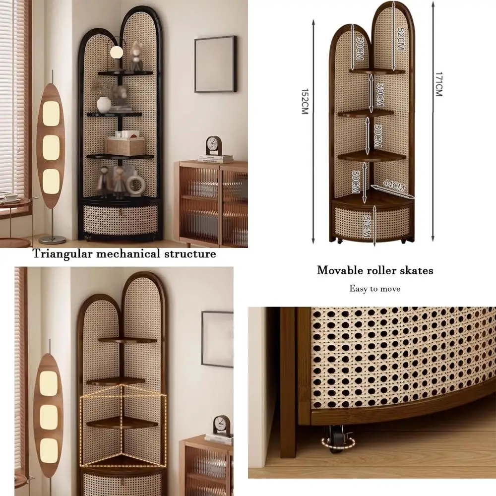 حامل رف زاوية من الروطان مع سلة تخزين، خزانة كتب على شكل مروحة، مصنوع من الروطان، مثالي لحلول تخزين غرفة النوم #1