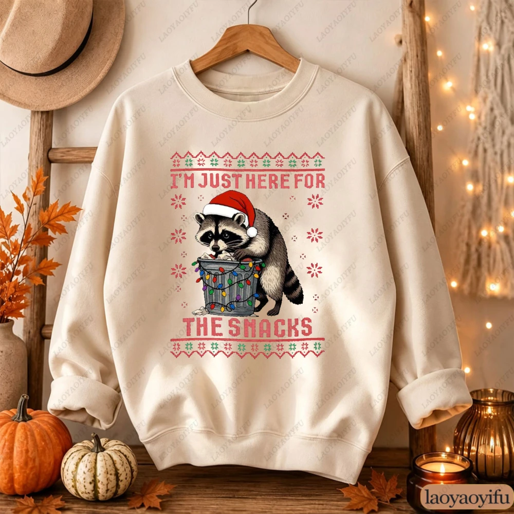 Im Just Here for The Snacks Sweatshirt Unisex Funny Christmas Raccoon Trash Can Graphic Pullover Xmas Holiday Clothes Hoodies